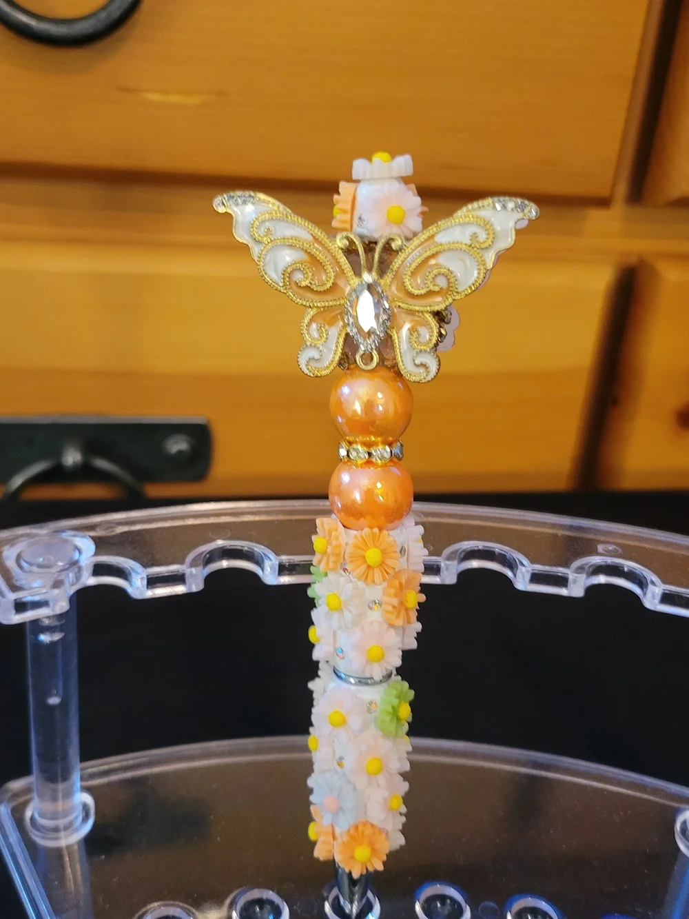 Orange Handmade Beaded Butterfly Floral Pen